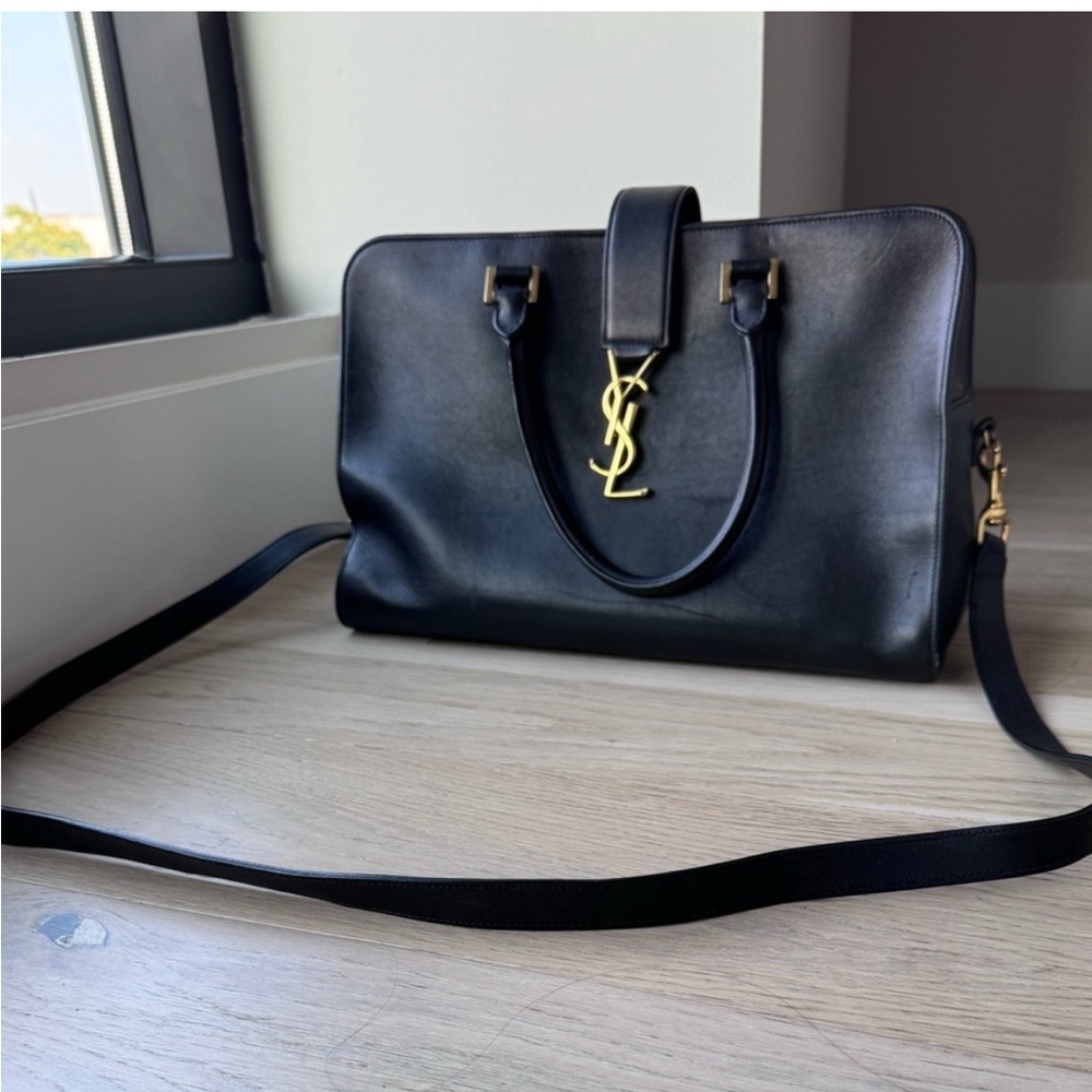 Saint Laurent Monogramme Cabas Medium Leather Tote, Black